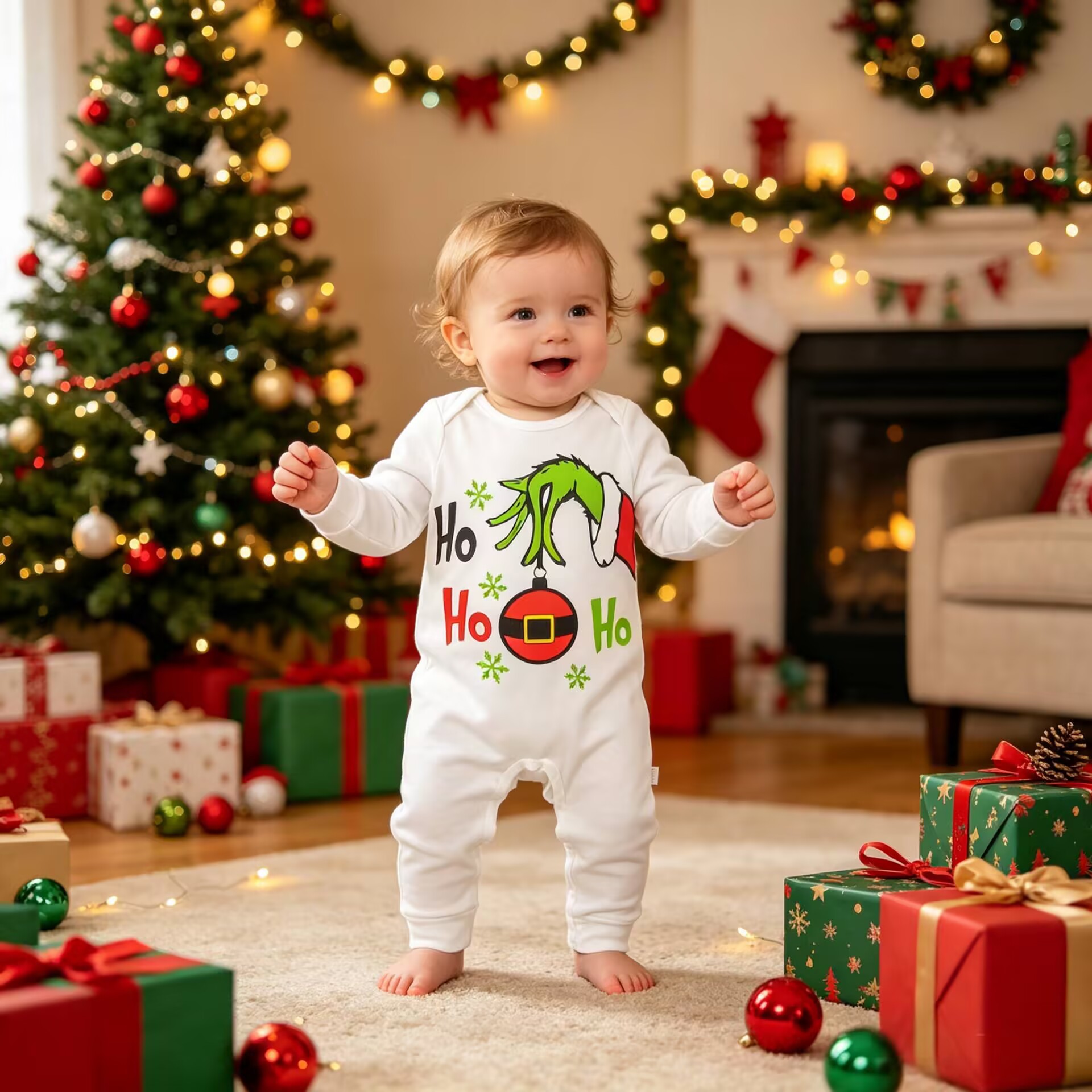 Baby Cartoon Christmas Long Sleeve Cotton Onesie for Newborns, Baby Bodysuit with Flat Crotch