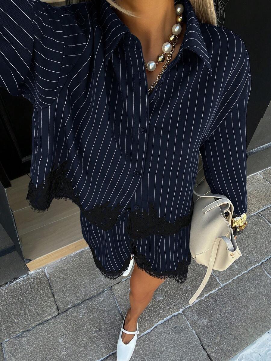 Wine red striped shirt and shorts set – front view on model