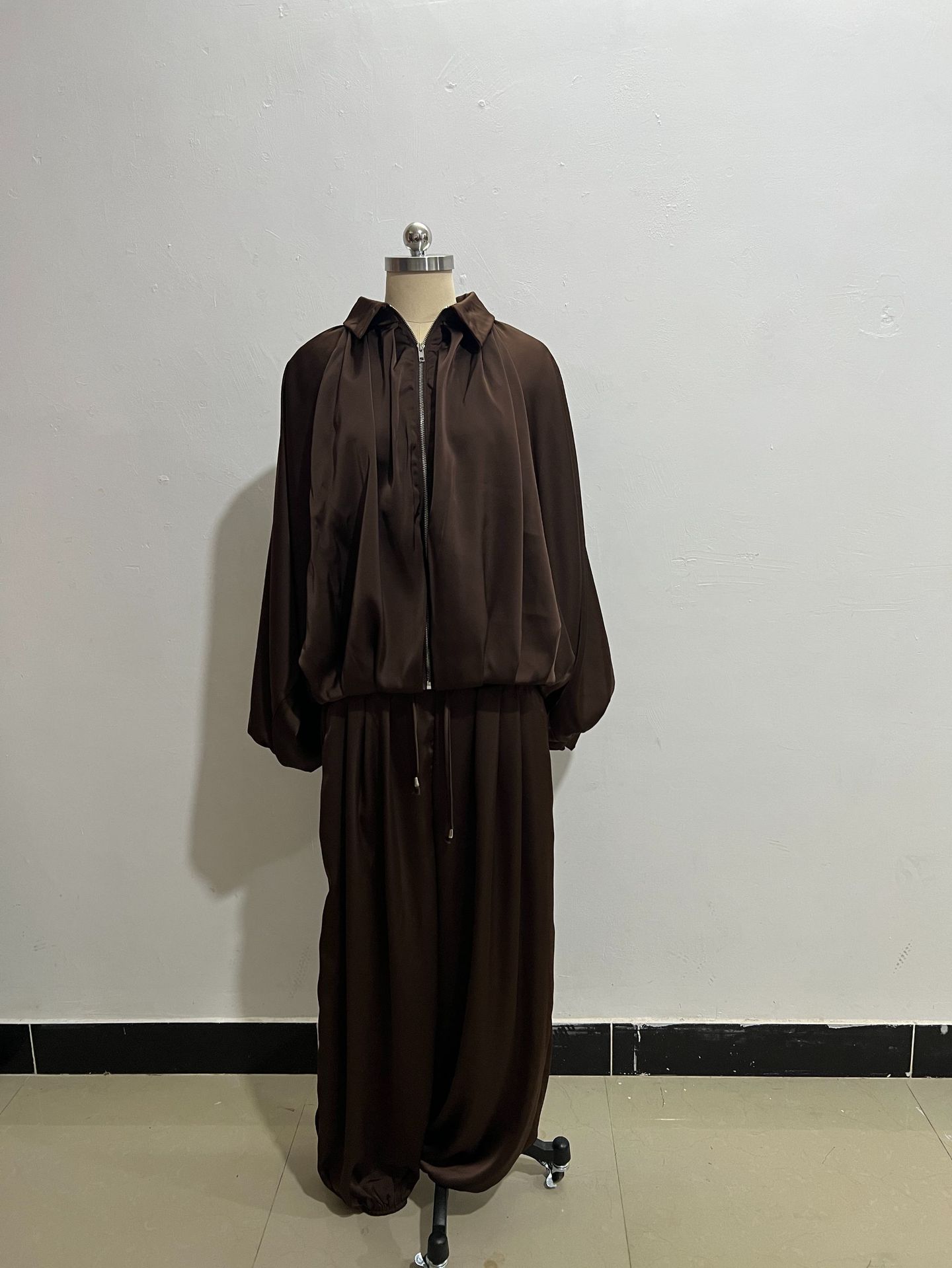Flip collar long sleeve jacket and pants set in chestnut – women's casual leisure two-piece