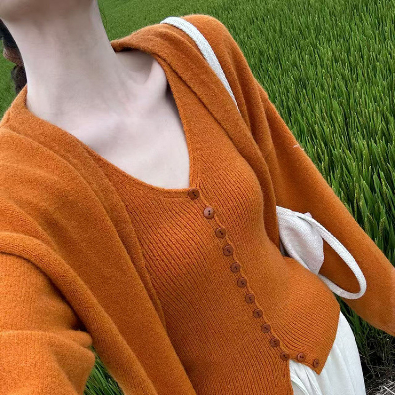 Set Women Knit Cardigan Sweater Two-Piece Set Loose Lazy Style