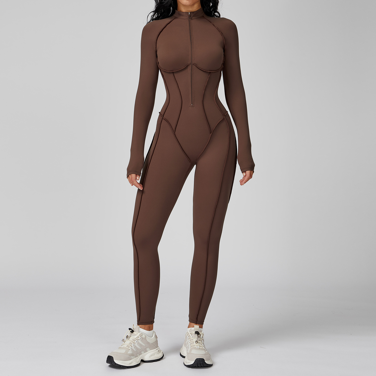 Fashion Color-Blocking Stand Collar One-Piece Suit Half-Zipper Integrated Fitness Wear Women High-Intensity Workout Yoga Clothes 5