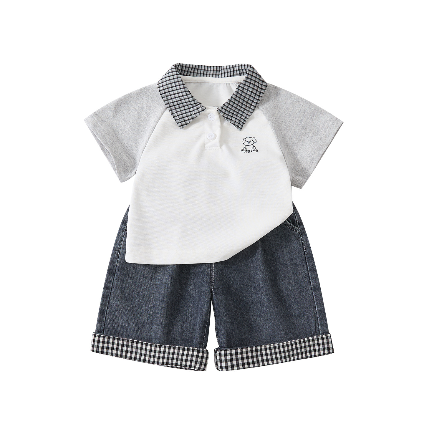Cartoon Color-block Plaid Collar Short Sleeve Top Rolled Hem Denim Pants Two-piece Set for Boys