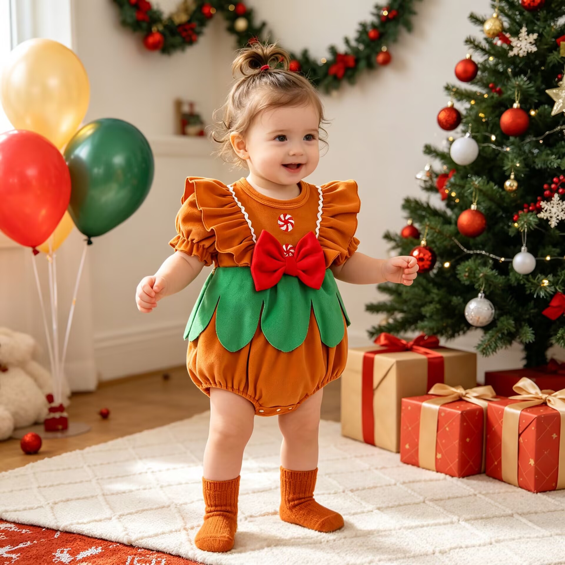 Infant Romper Summer Ruffle Lantern Sleeve Bow Baby Girl Christmas Triangle Bodysuit
