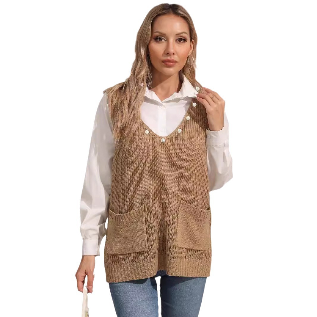 Women's Vest Double Pocket Patchwork V-neck Casual Pearl Beaded Sleeveless Top Sweater