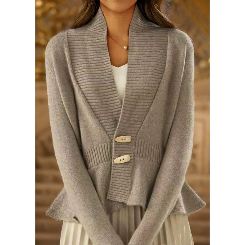 Retro Knitted Cardigan Women's V-neck Ruffle Hem Sweater Coat