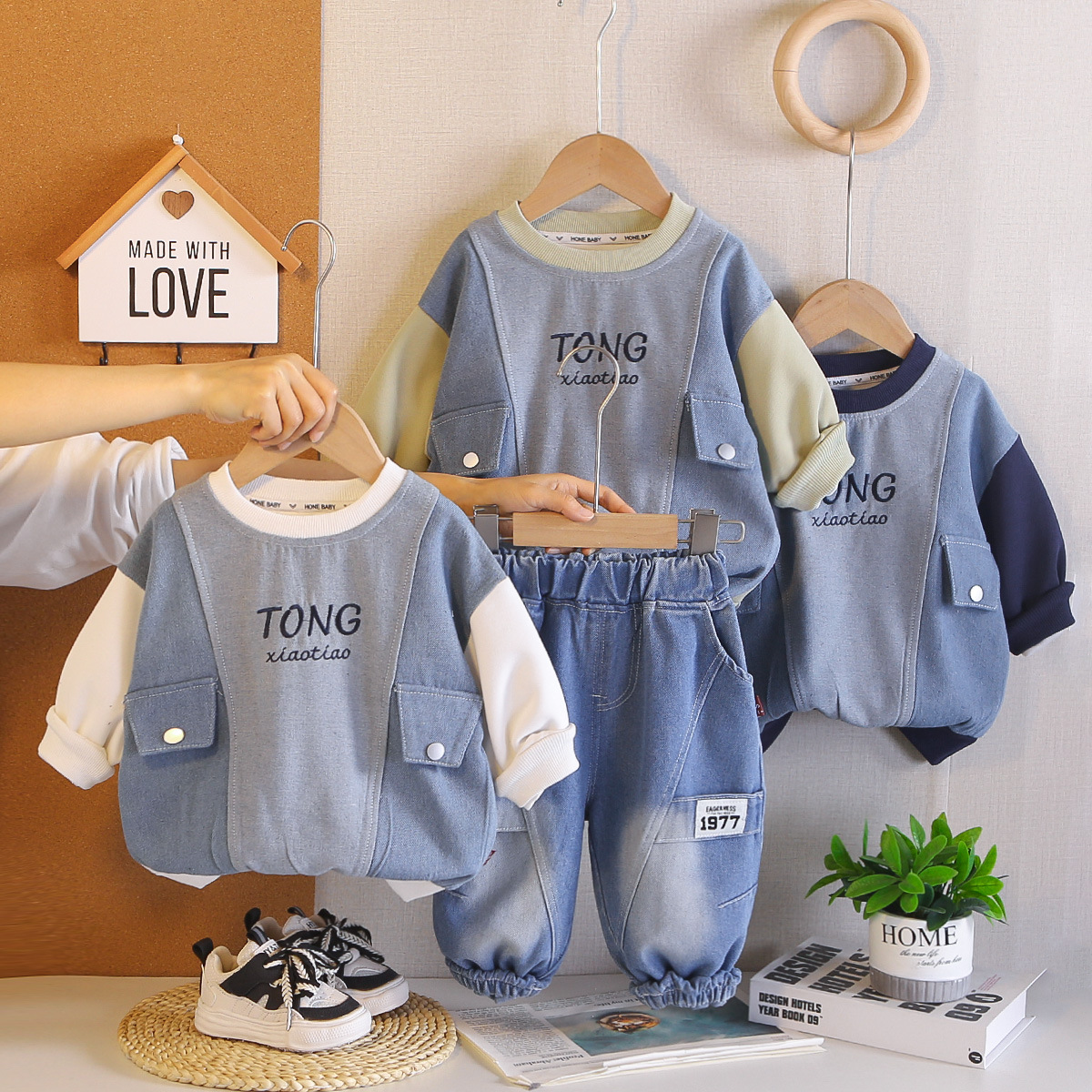 Hoodie long sleeved two-piece set for spring and autumn male baby