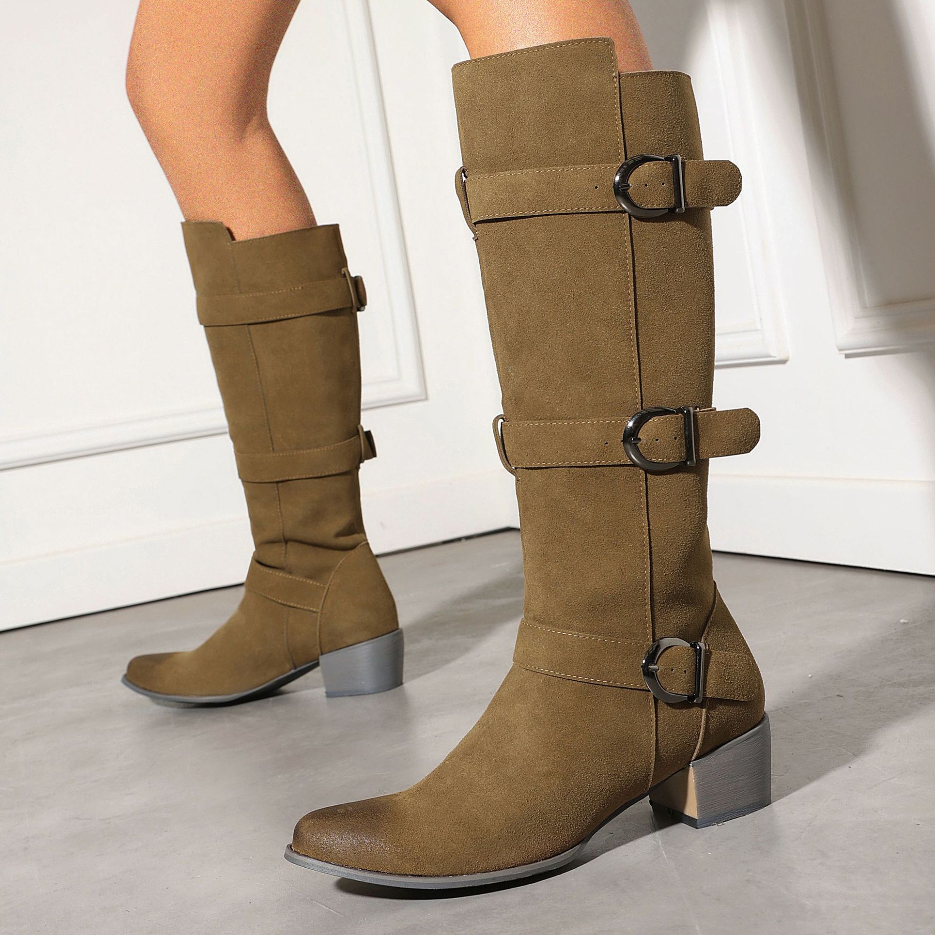 Women's over-the-knee boots – back view showing block heel and shaft