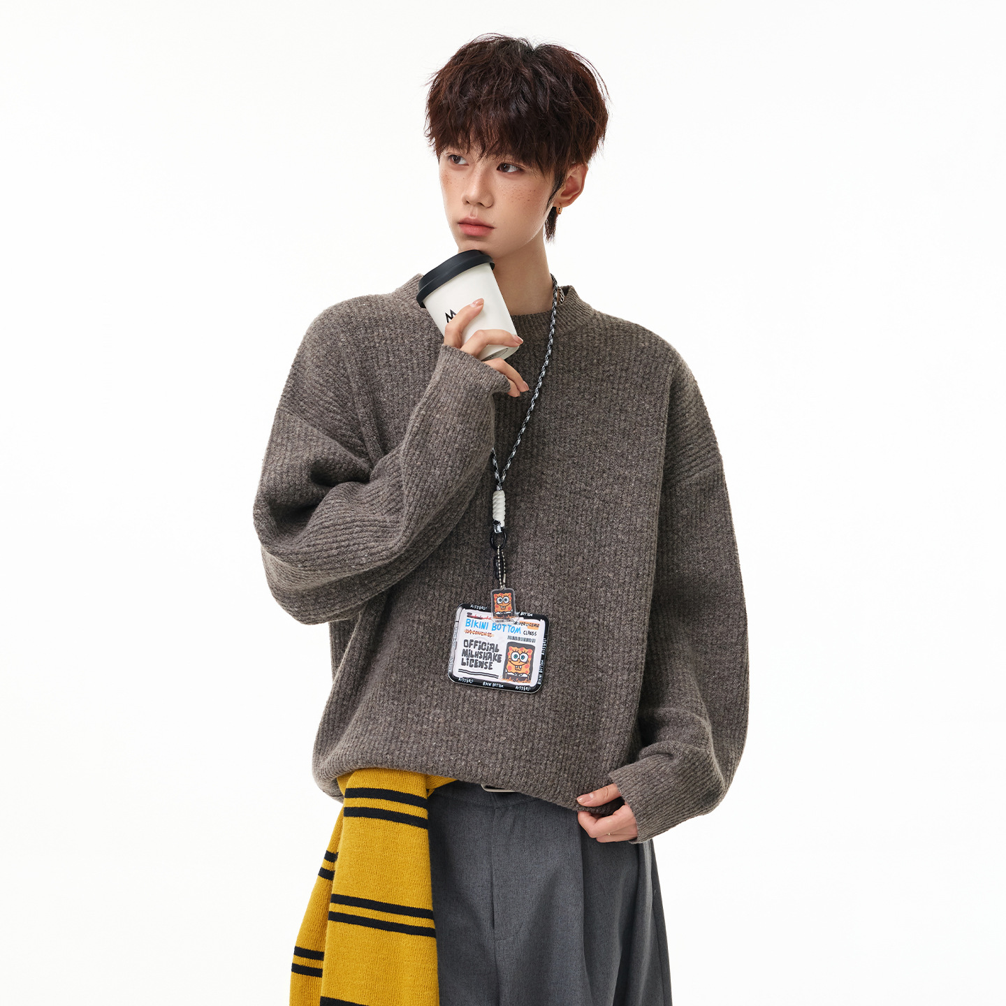 Simple Classic Solid Color Crewneck Sweater for Men, Autumn/Winter Loose Casual Versatile Retro