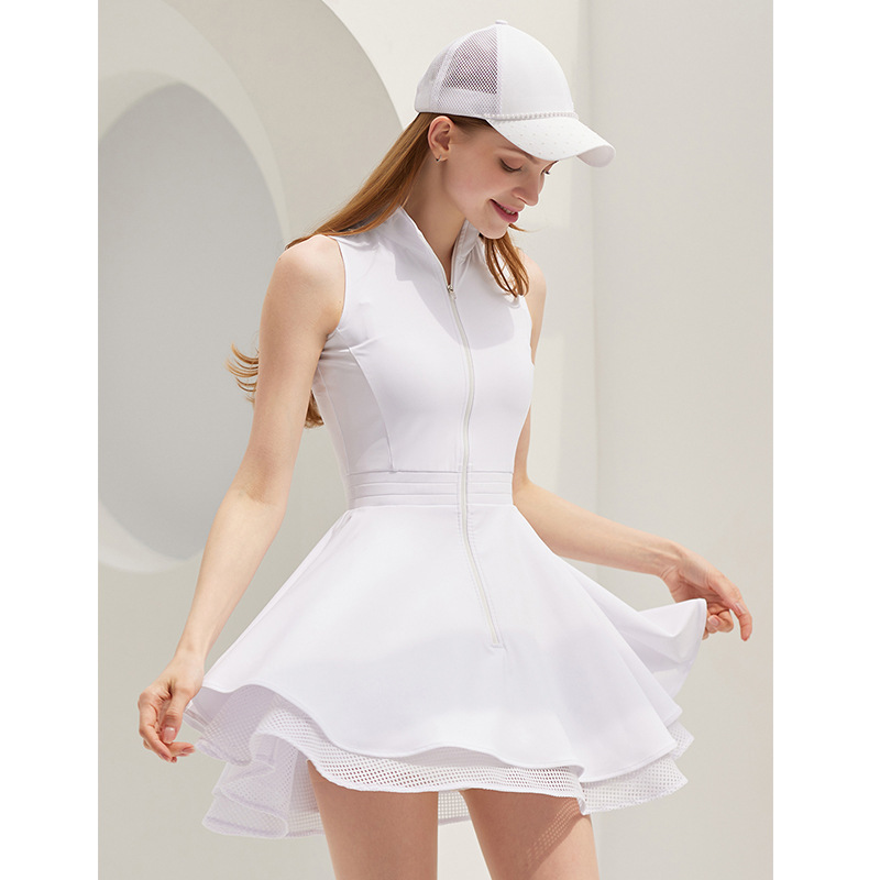 Sleeveless Zipper Tennis Outdoor Sport Dress, Fitted Waist, Breathable Moisture-Wicking Fitness