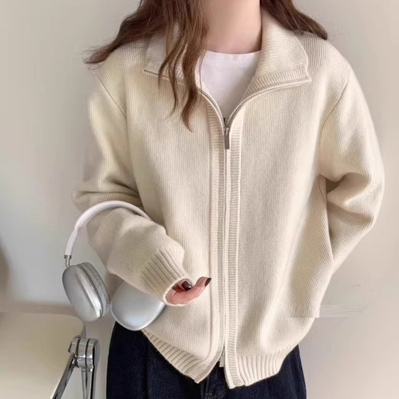 Lazy Style White High Neck Knit Cardigan for Women, Zip-Up Sweater Top, Spring and Autumn Fashion