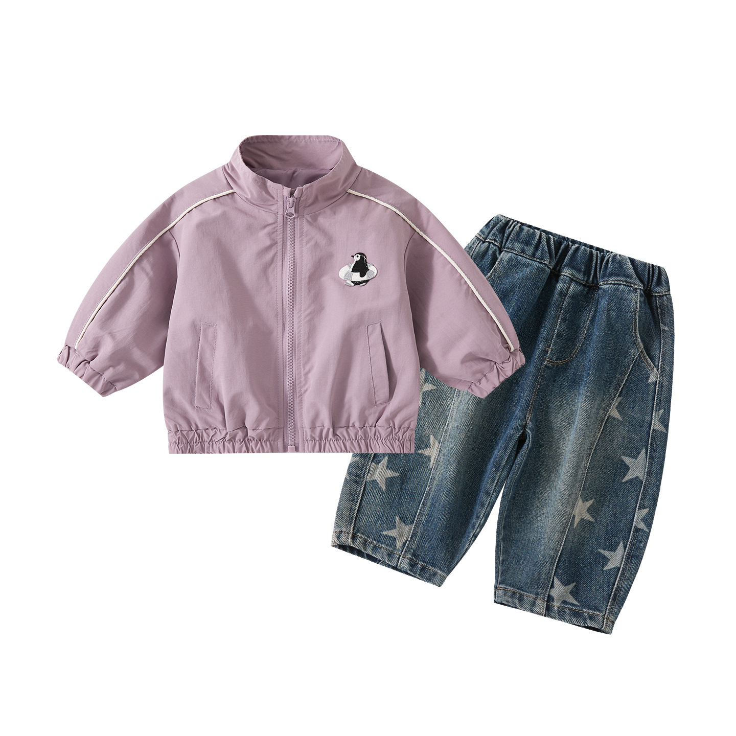 Cartoon Embroidered Stand Collar Jacket Star Printed Denim Pants Two-Piece Set for Baby Boys