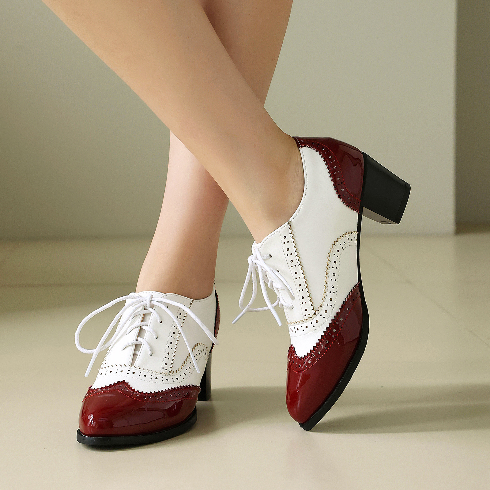 Autumn/Winter High Heel Chunky Heel Color Block Burnt Flower Front Lace-Up Brogue Shoes Made to