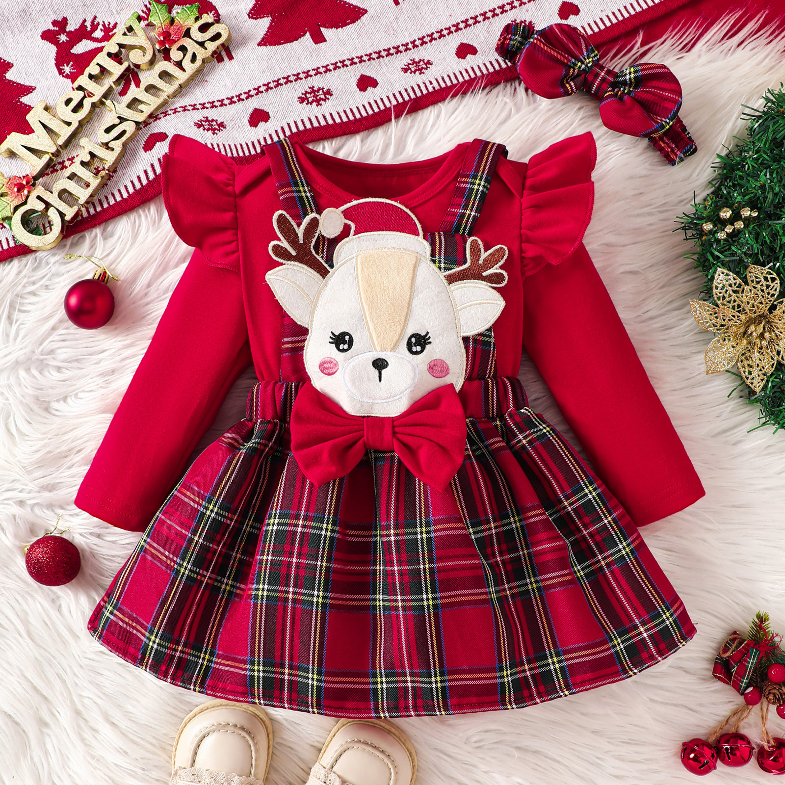 Cute Baby Girl Dress Set with Red Flutter Sleeves, 3D Deer Checkered Pattern, Christmas Outfit