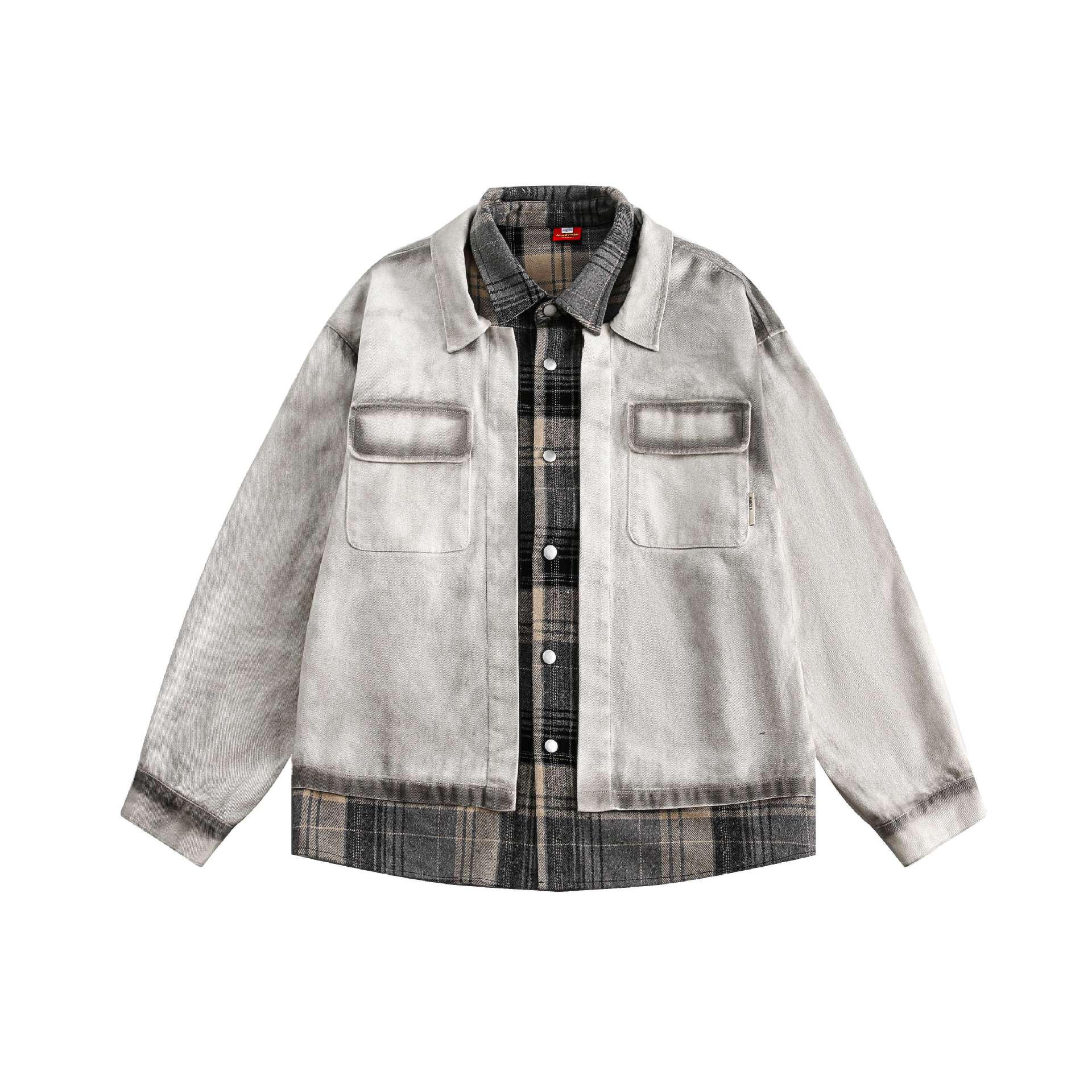 Distressed Faux Two-Piece Patchwork Plaid Notch Lapel Jacket for Men