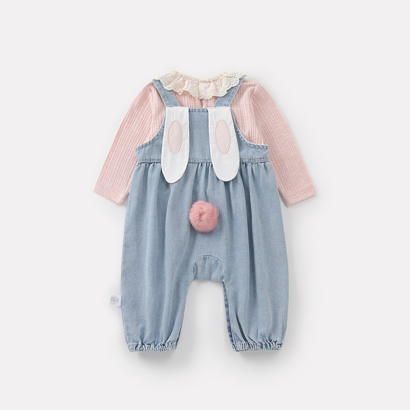 Rabbit Ears Overalls Set, Baby Girl Ruffled Shirt Bodysuit Two-Piece Outfit