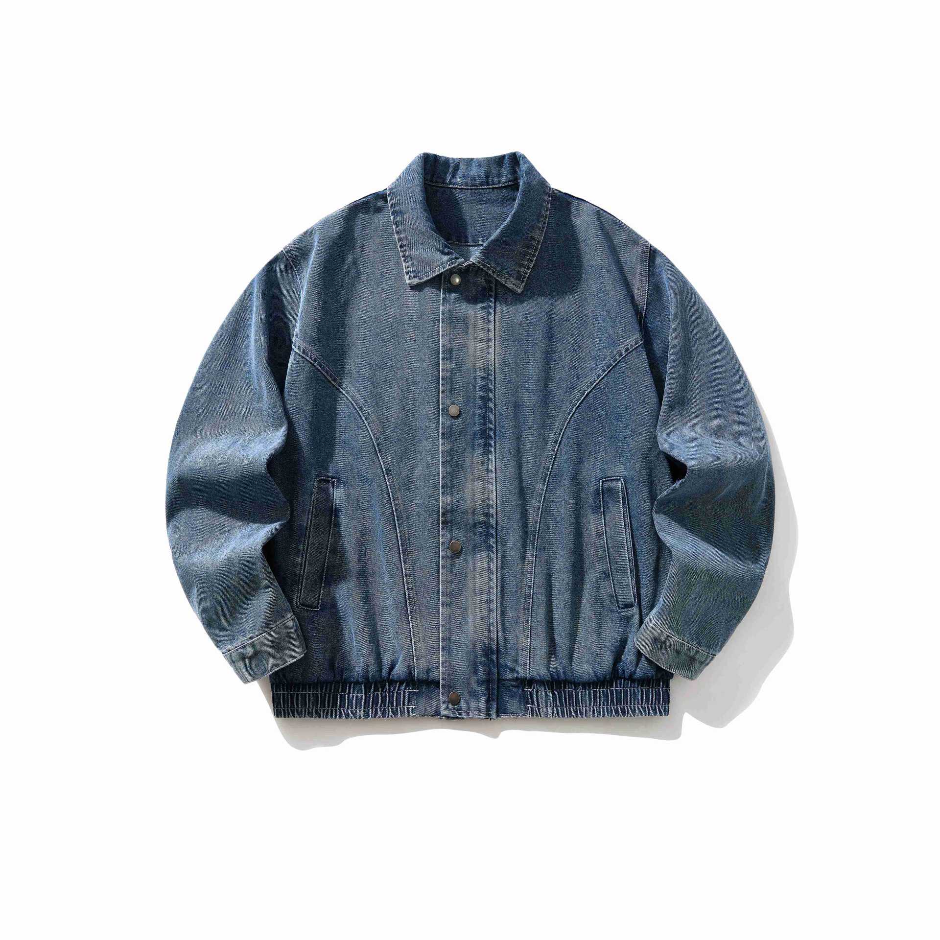 Unique Curved Cut Distressed Turn-Down Collar Workwear Denim Jacket
