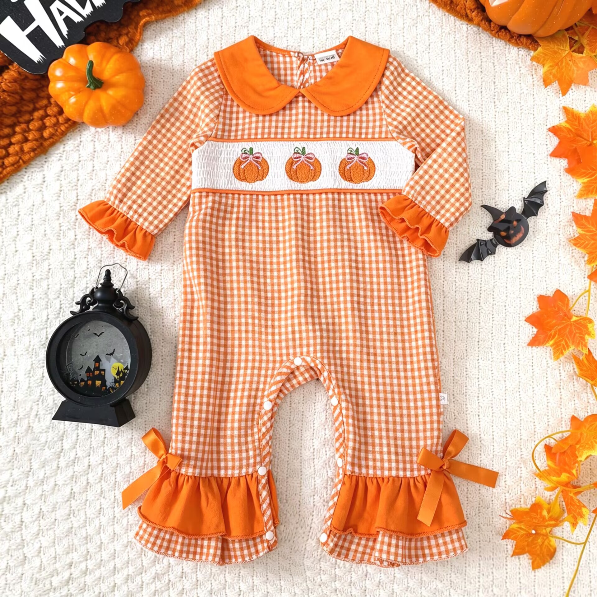 Baby Long Sleeve Romper with Orange Plaid Pumpkin Embroidery and Headband Set, Halloween Newborn
