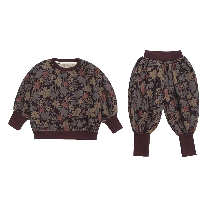 Cute Floral Set for Girls Casual Two-Piece Outfit Kids Sweatshirt and Pants