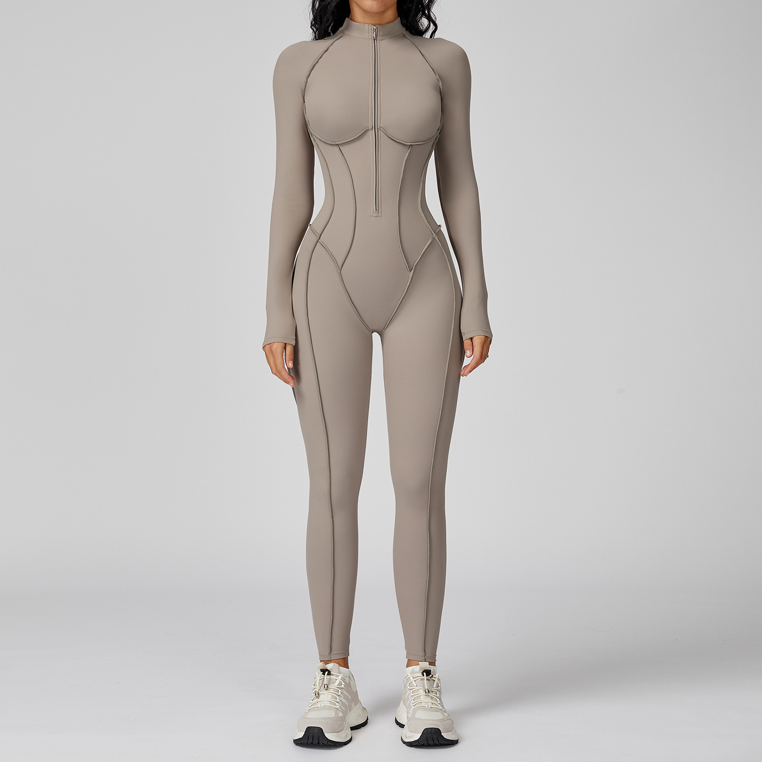 Fashion Color-Blocking Stand Collar One-Piece Suit Half-Zipper Integrated Fitness Wear Women High-Intensity Workout Yoga Clothes 3