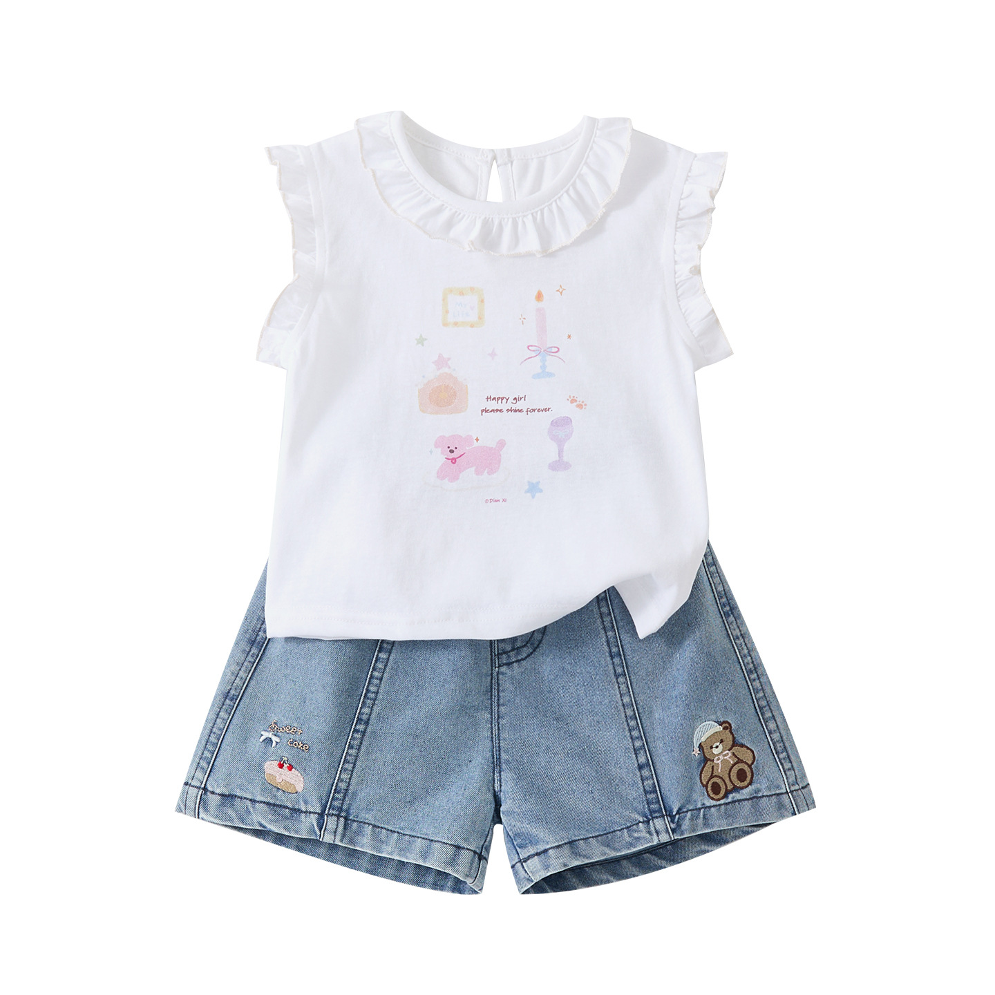 Thin Baby Casual Versatile Cartoon Printed Ruffled Backless Top with Flowered Waistband Denim Shorts