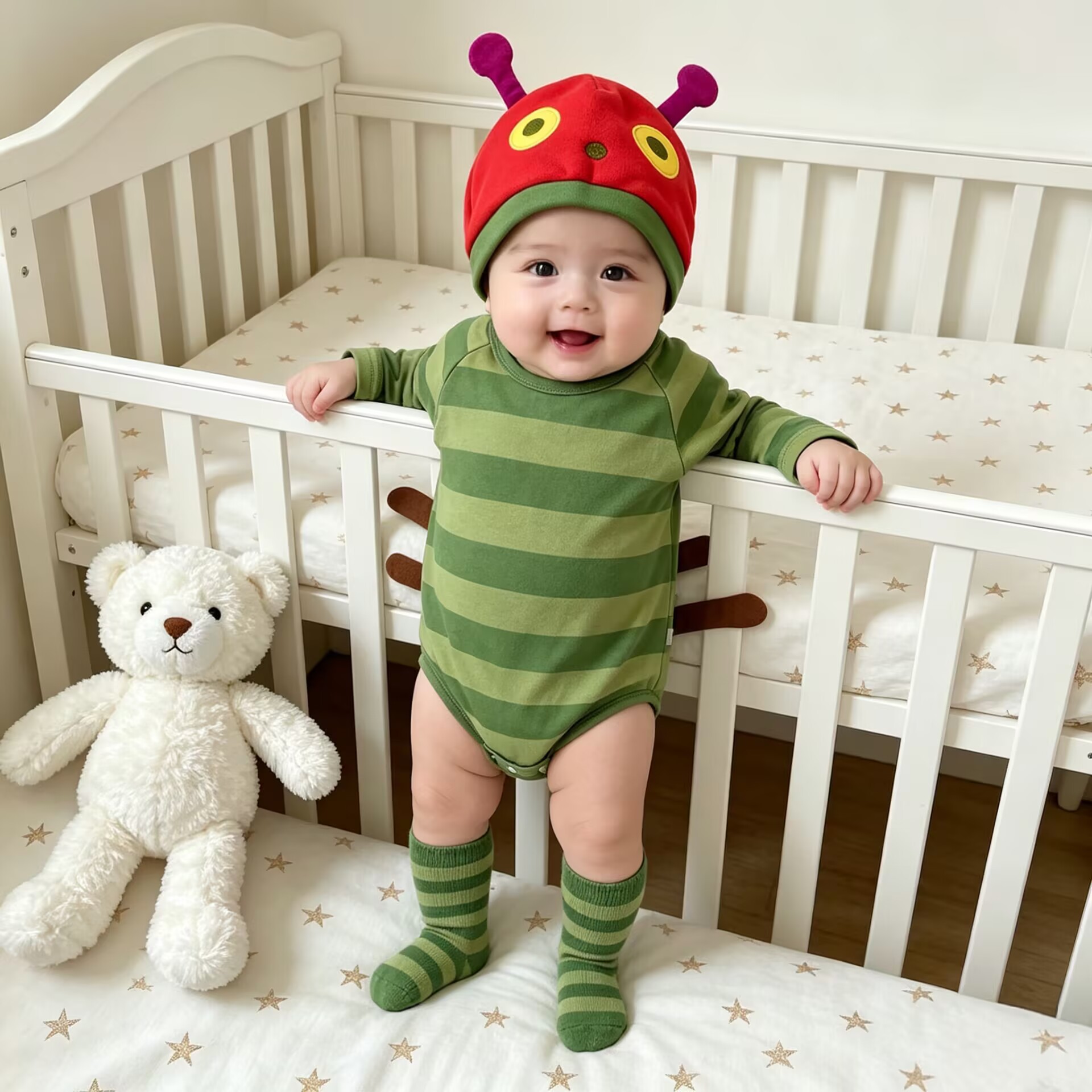 Baby Green Stripe Long Sleeve Romper with 3D Antenna Hat, Soft and Skin-friendly Two-piece Set