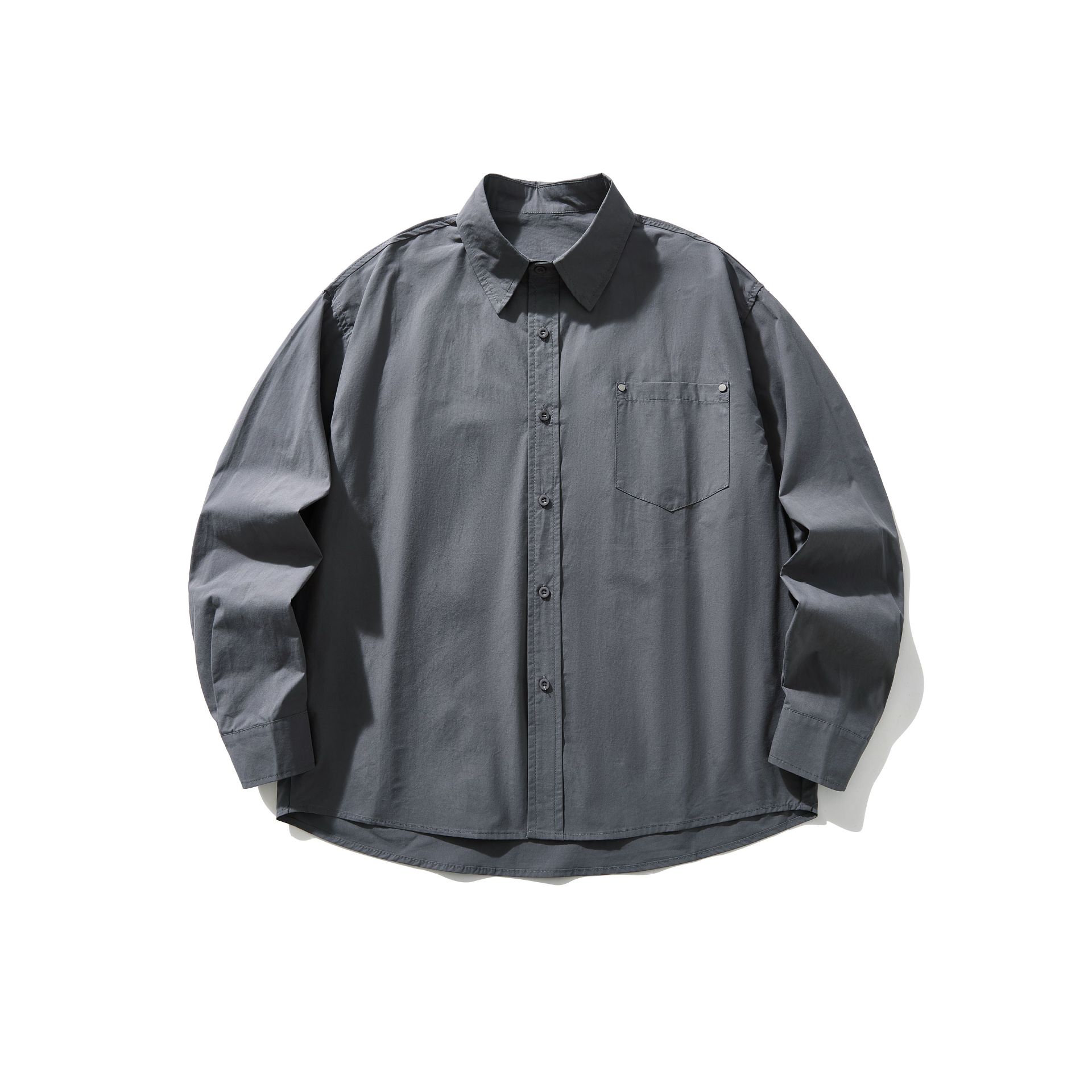 Solid Color Stud Pocket Loose Casual Long Sleeve Shirt