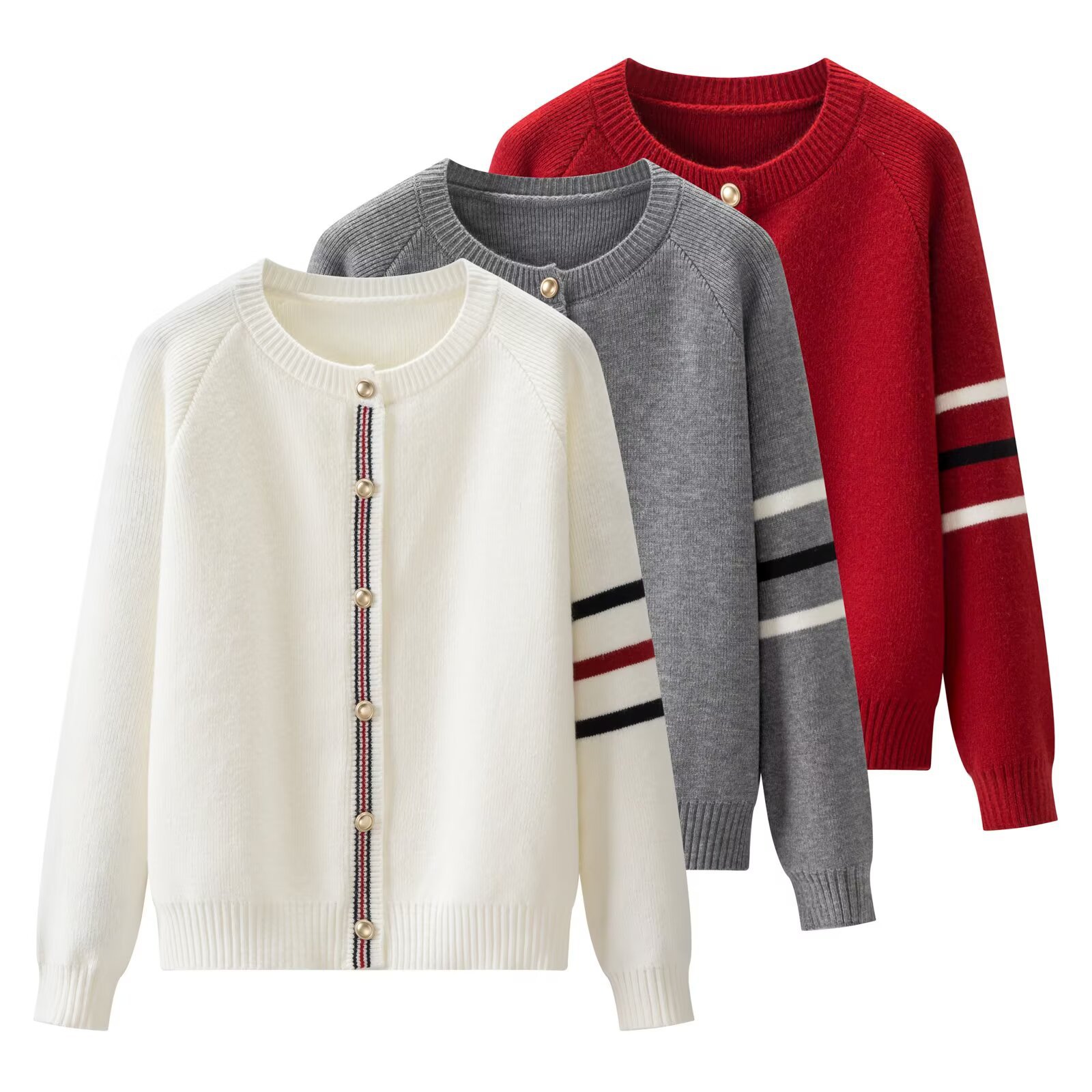 Three bar round neck small gold buckle knitted cardigan sweater jacket