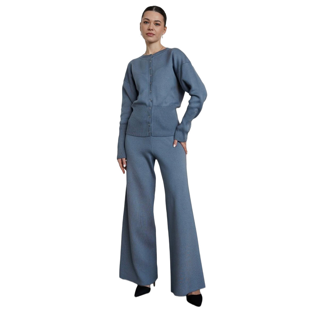Round neck single breasted cardigan high waisted straight leg micro flared pants sweater two-piece