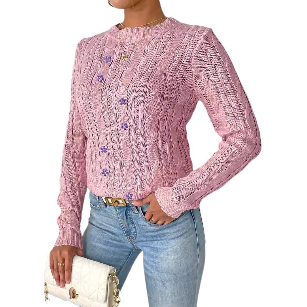 Women's Sweater Long Sleeve Round Neck Knitwear with Embroidery Flower Patchwork
