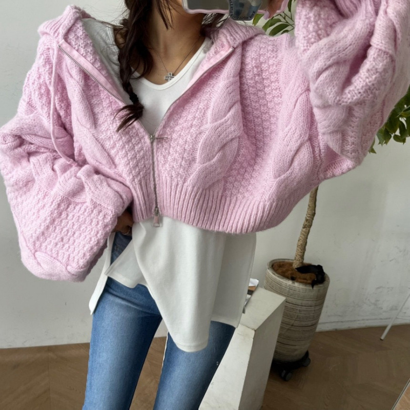 毛衣女2025秋冬季连帽拉链韩系宽松麻花慵懒风蝙蝠袖短款针织