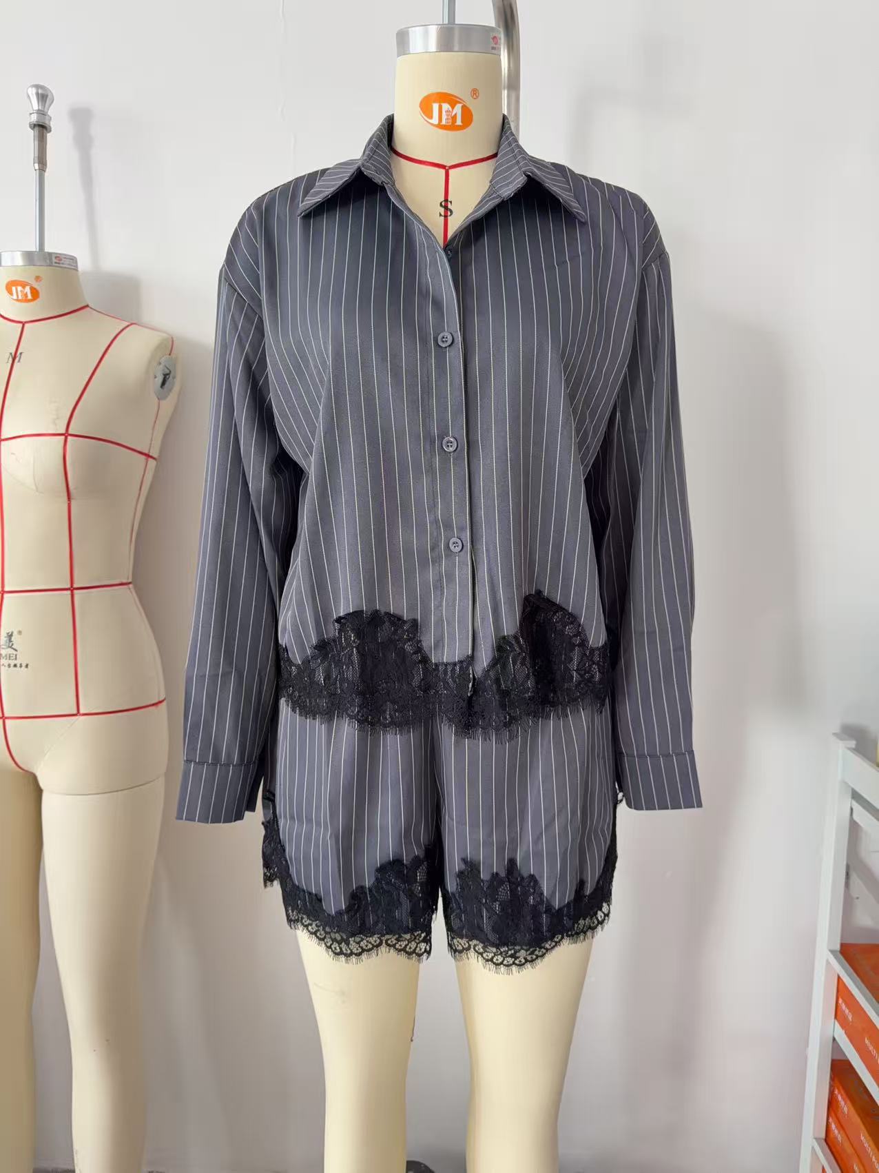 Women's striped lace trim shirt and drawstring shorts set – dark gray colorway front view