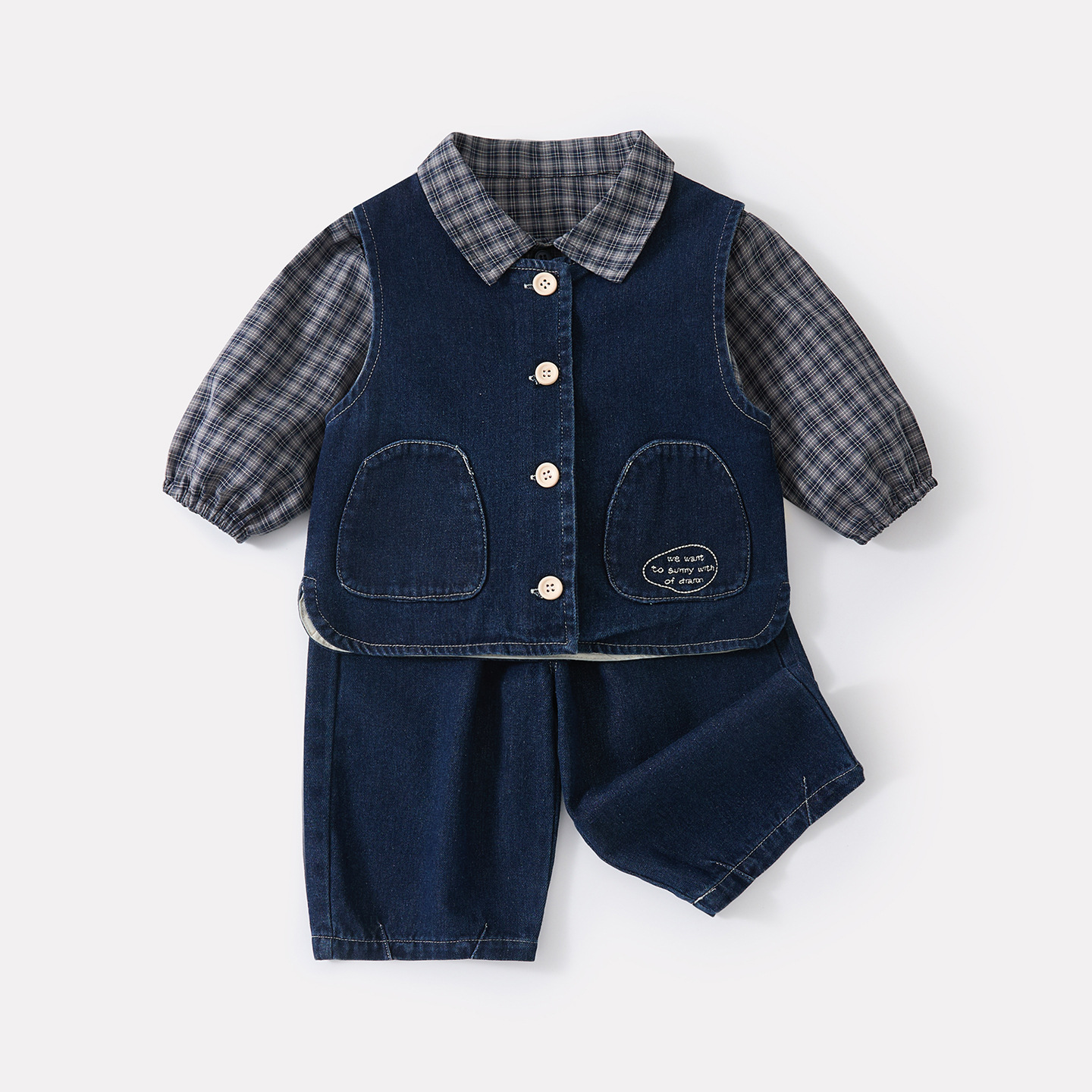Baby Boy Plaid Shirt with Turn-down Collar, Letter Embroidery Denim Vest and Wide-leg Pants 3-piece