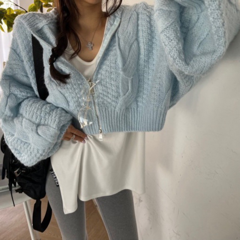毛衣女2025秋冬季连帽拉链韩系宽松麻花慵懒风蝙蝠袖短款针织