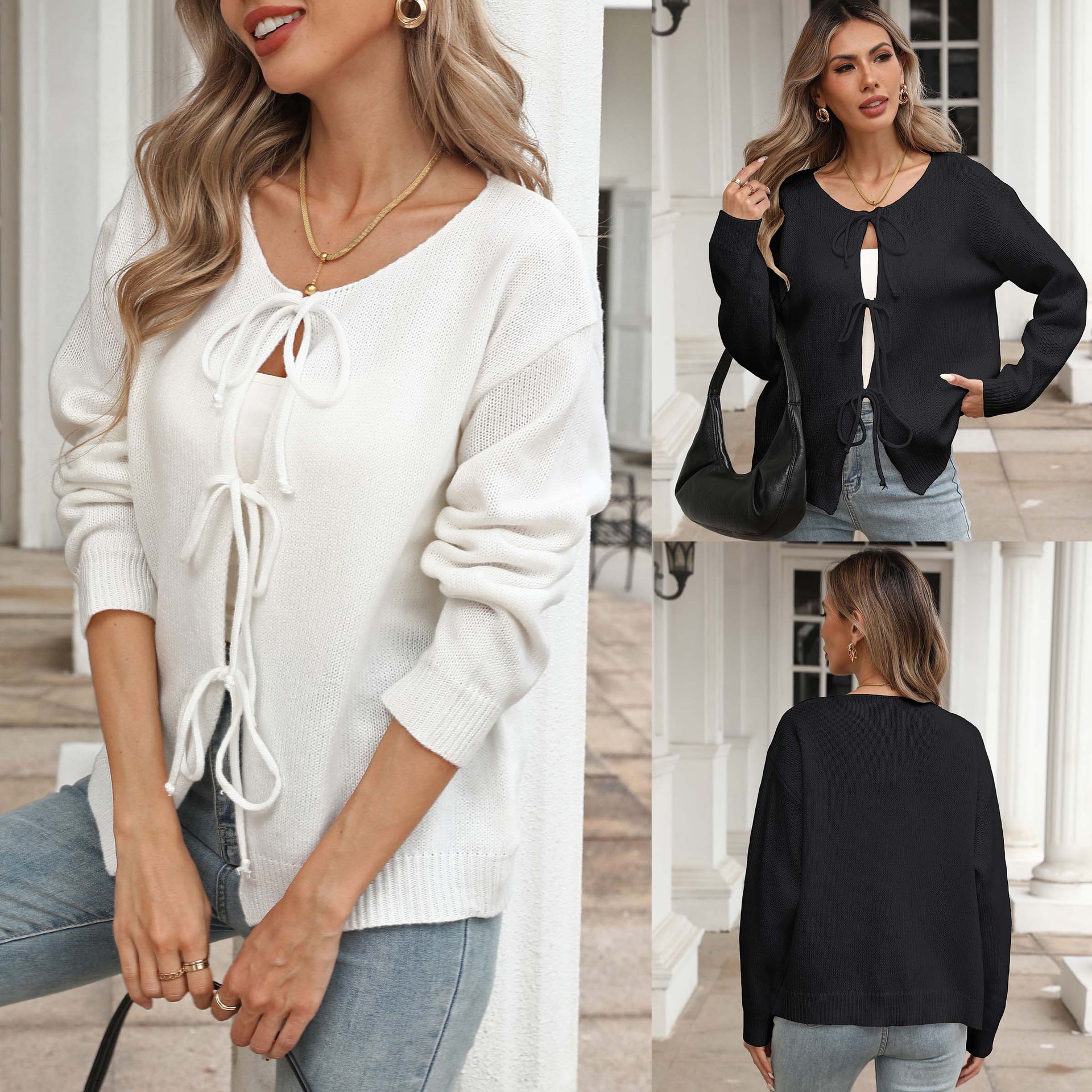 Ladies' Knitted Cardigan with Tie Bow, Casual Outerwear for Women