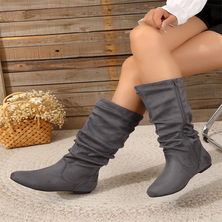 Women styling mid-calf flat boots with casual outfit