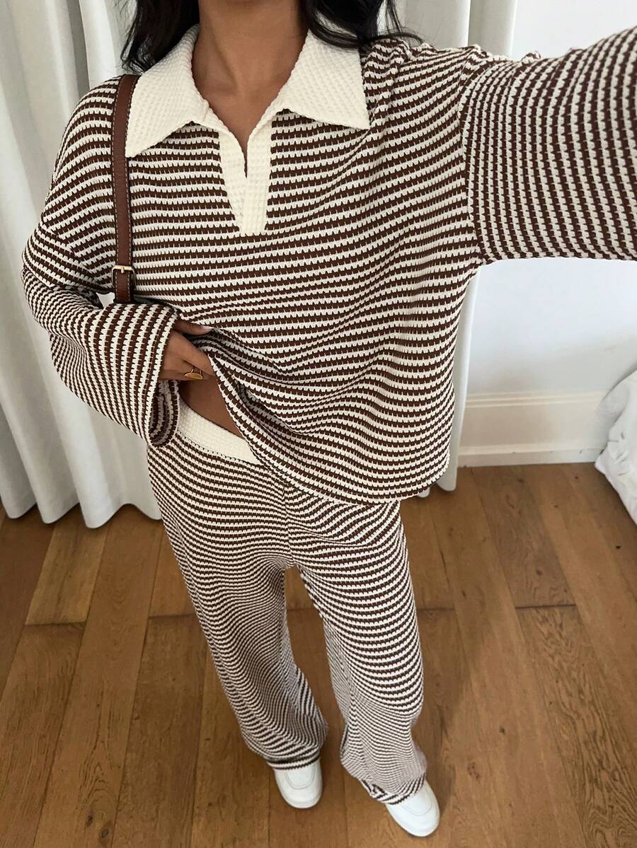 Size reference – striped wide leg pants set fit on model, full length view