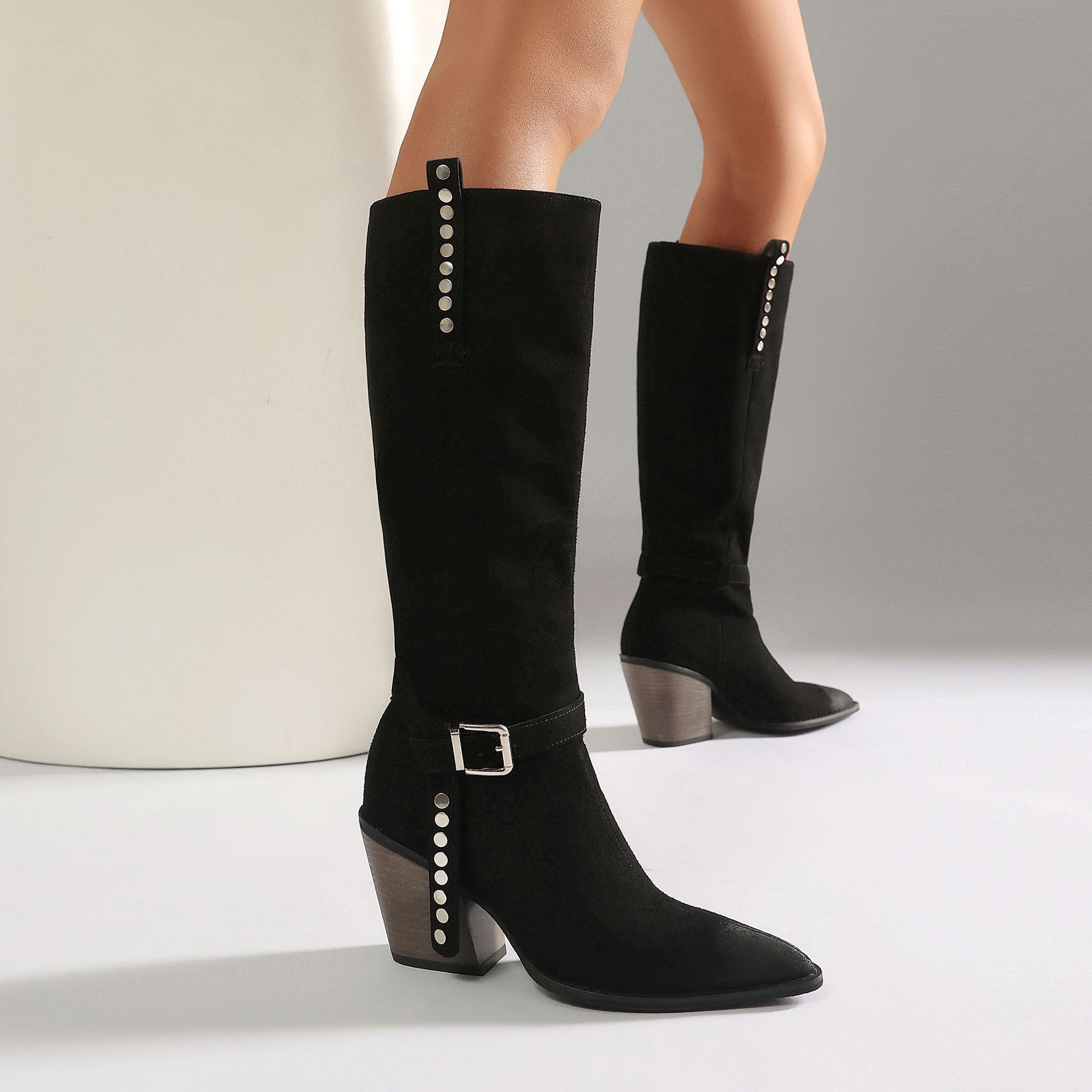 Lady's High Heel Boots with Studs, Pointed Toe, High Shaft Western Style Made to order, ships in 7