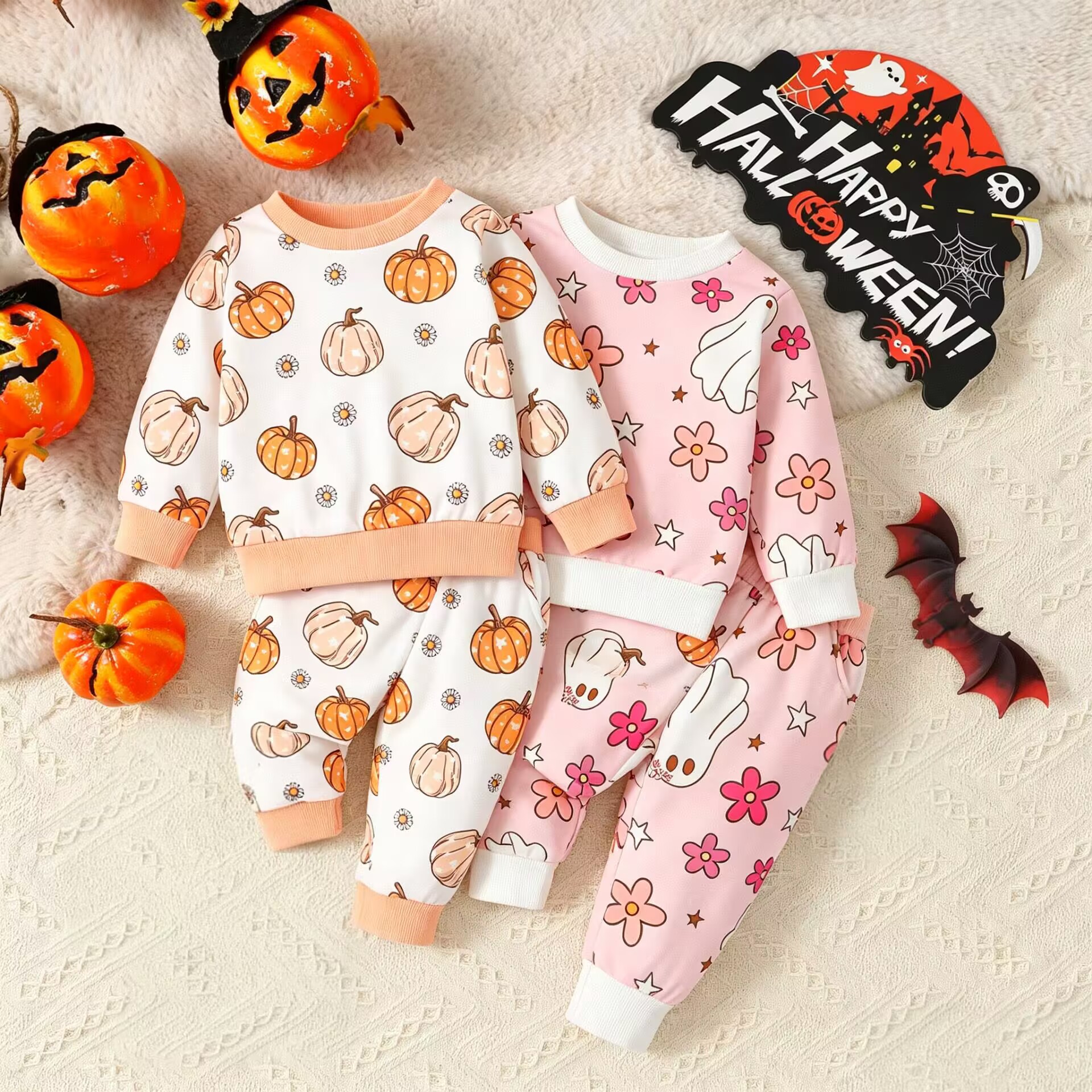 Children's Set Cartoon All-Over Print Round Neck Long Sleeve Sweatshirt Casual Long Pants 2-Piece