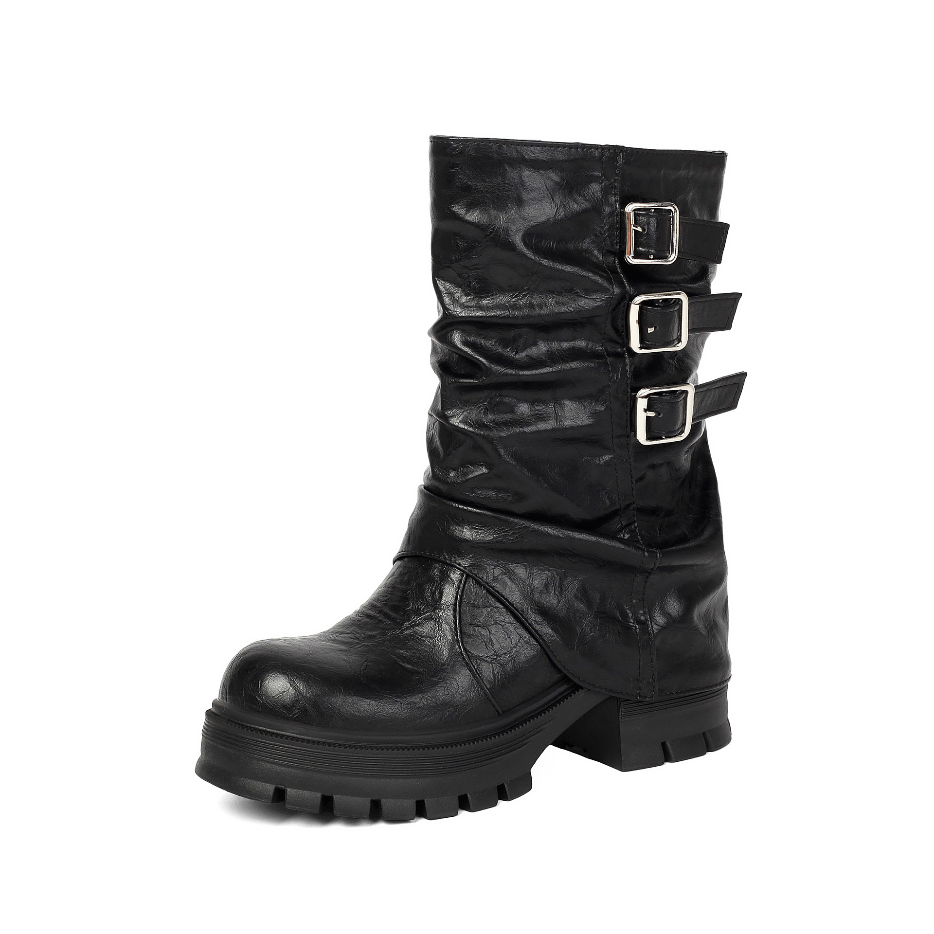 Women's triple buckle boots – side view showing chunky block heel and lug sole platform profile