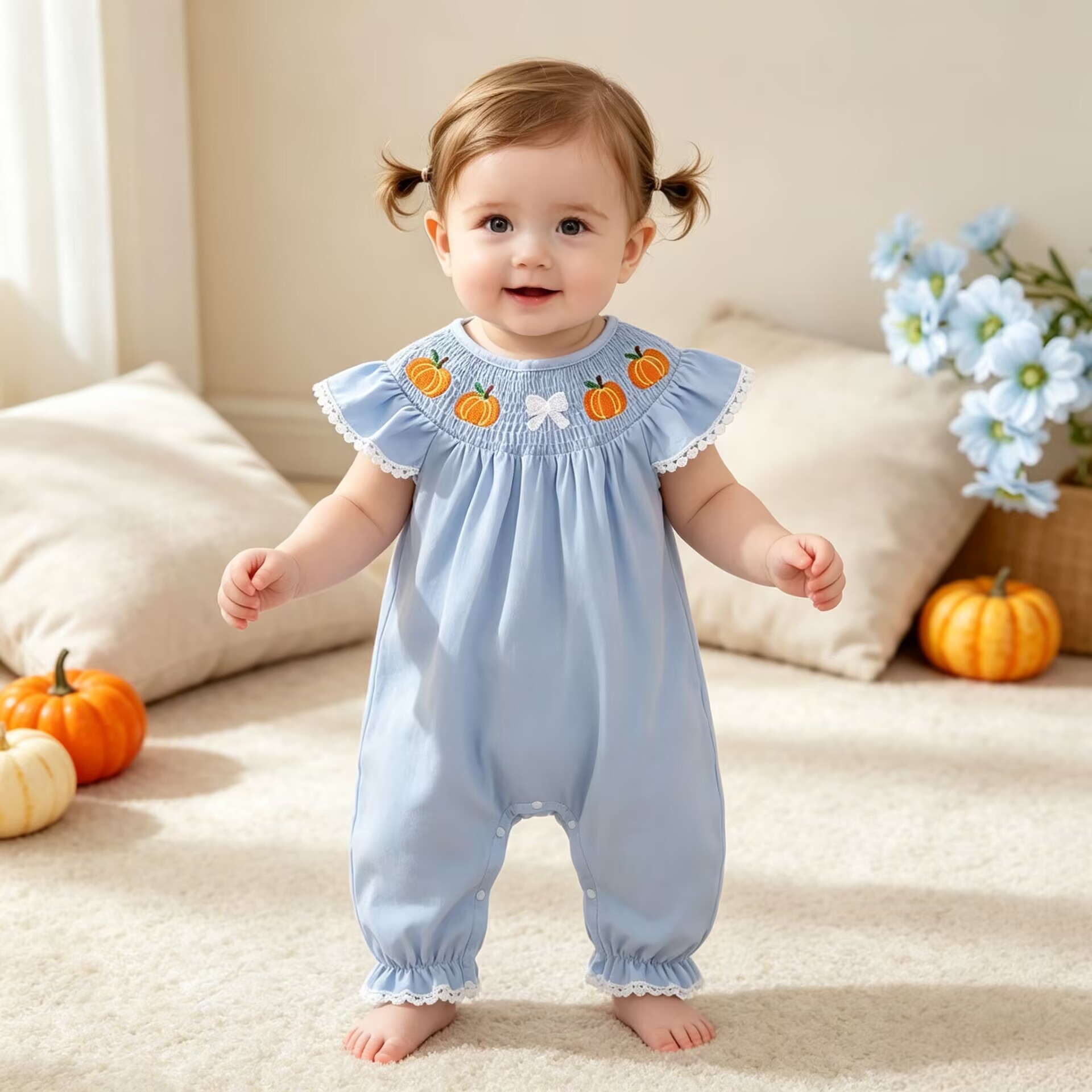 Infant Romper with Pumpkin Bow Embroidery, Ruffle Short Sleeve, Loose Long-style Crawler for Baby