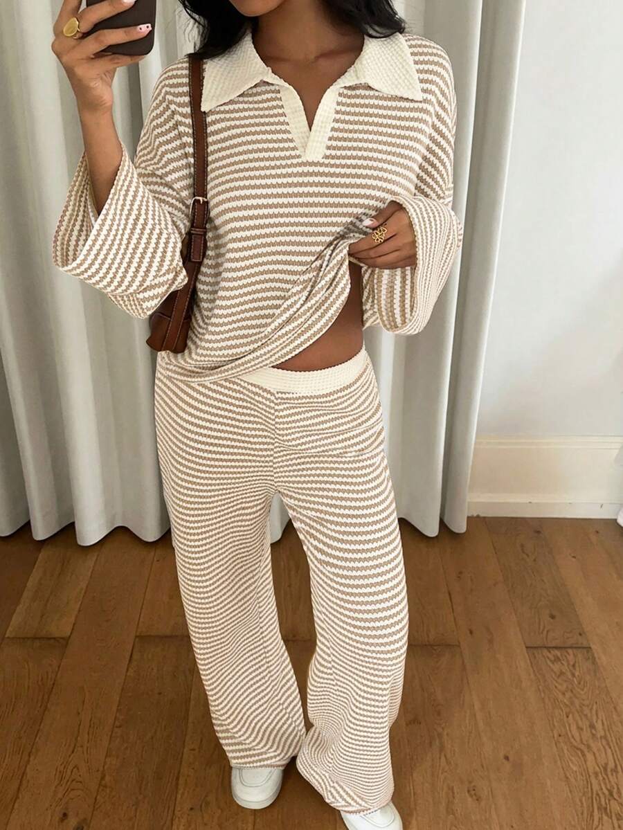 Women's striped matching set in apricot – back view on model