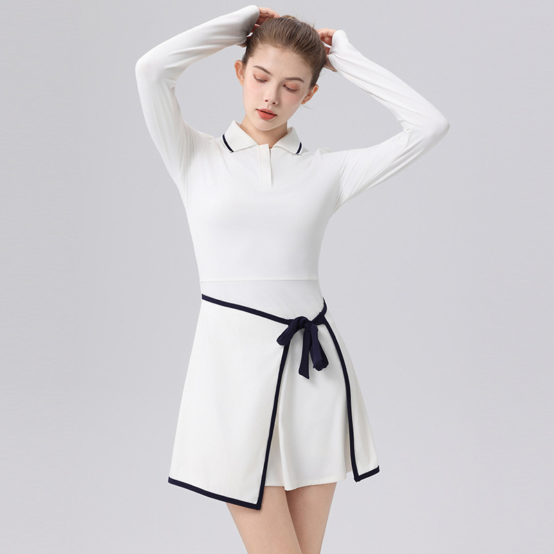 Autumn/Winter Long Sleeve Tennis Dress with Panelled Tie Design, Hip-Hiding Silhouette, Built-in