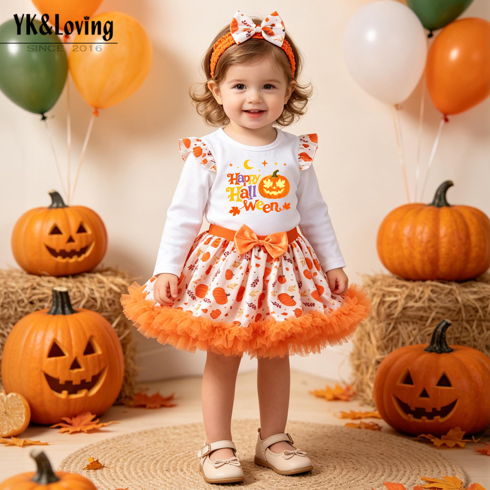 Girls' Halloween Long Sleeve Printed Pumpkin T-Shirt, Satin Skirt, Headband 3-Piece Set for Kids