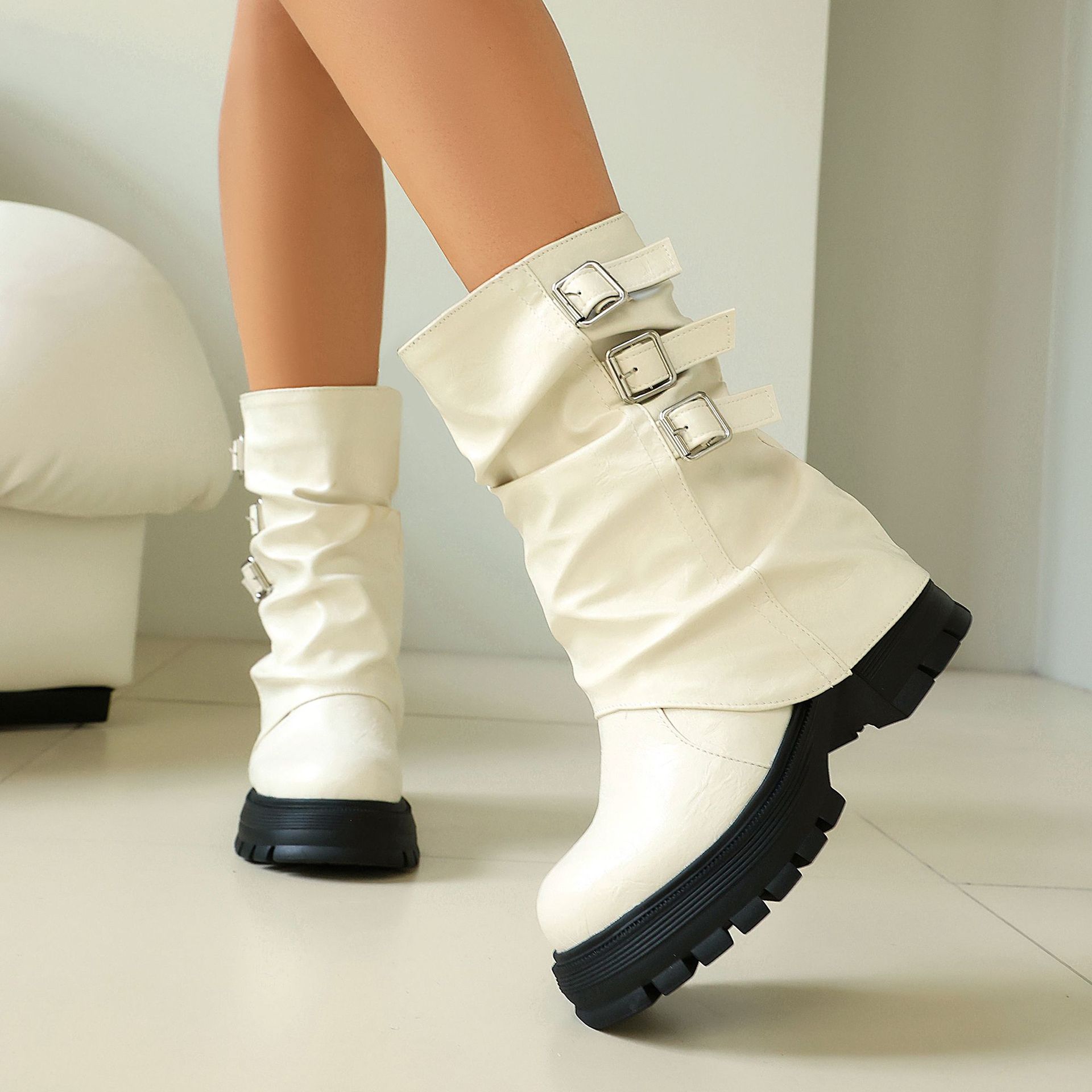 Brown punk slouchy boots – side view showing chunky lug sole platform and block heel profile