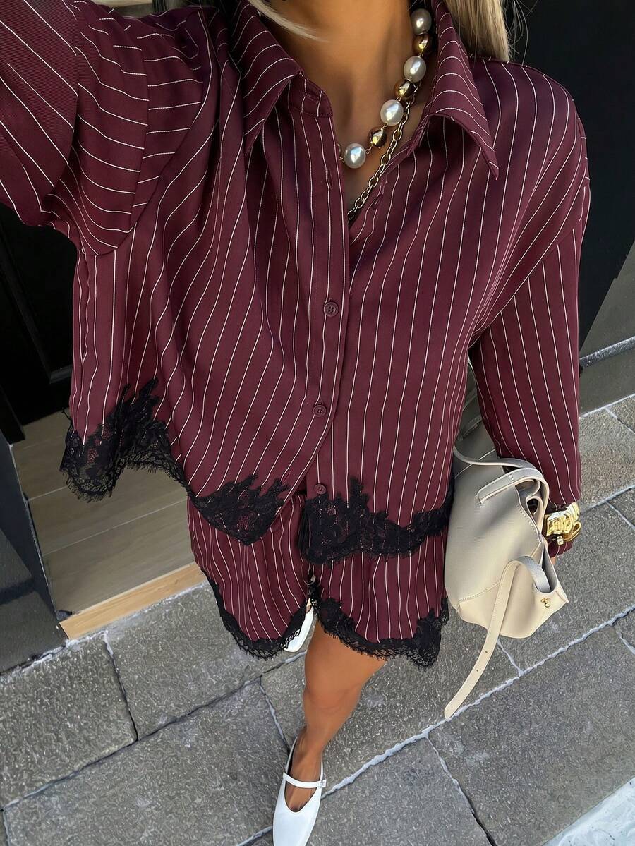 Navy blue striped shirt and shorts set – front view on model showing full coordinated look