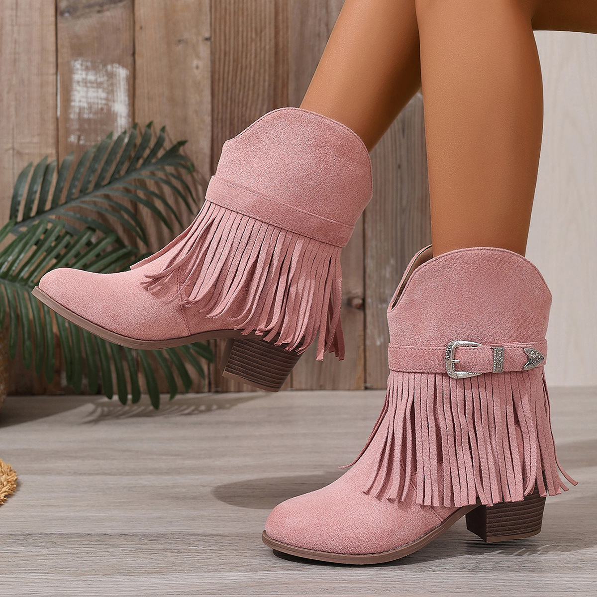 Western Style Fringe Ankle Boots for Women, Chunky Heel, Thick Sole, Belt Buckle, Leather Boots