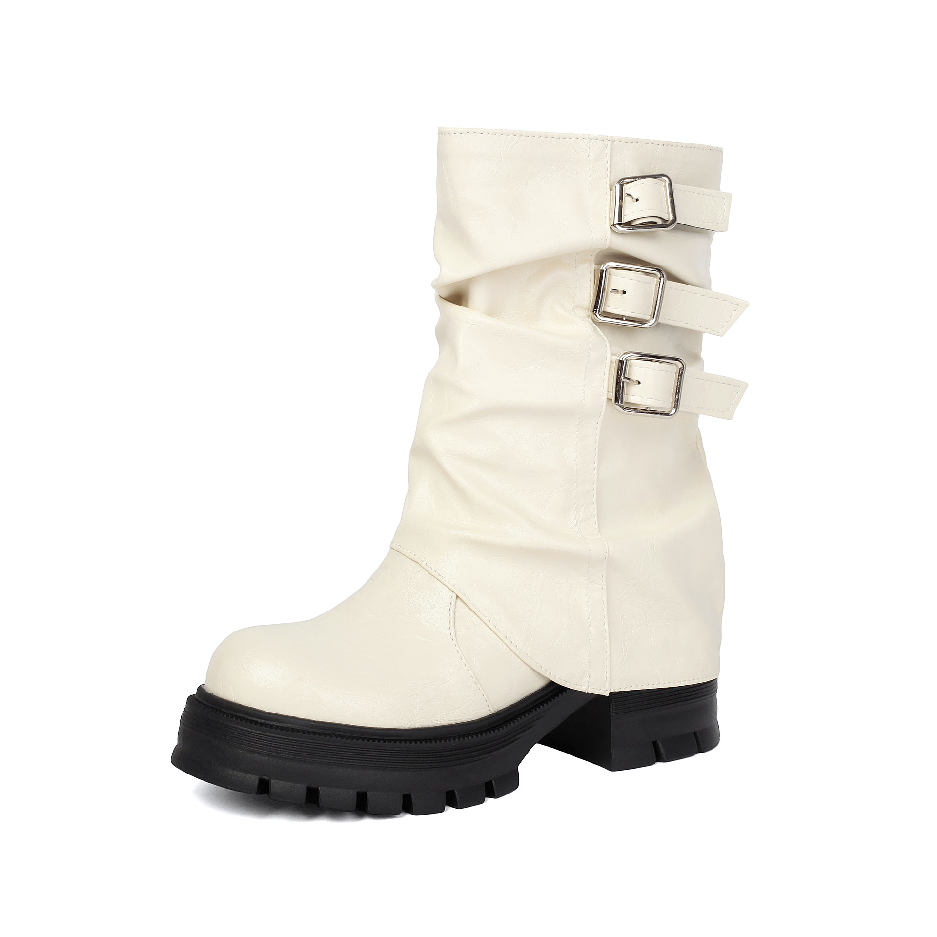 Black punk boots – close-up of three silver square buckle straps on crinkled PU slouchy shaft