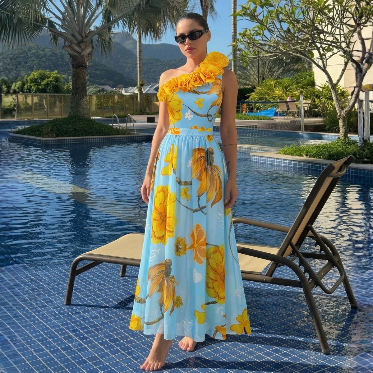Fresh Blue Base Sunflower One-Shoulder One-Piece Swimwear Women's Two-Piece Set, 3D Ruffle Trim