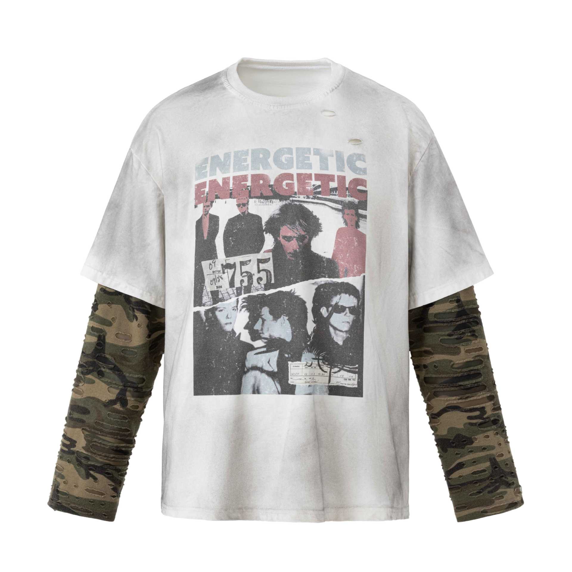 Distressed Ripped Camouflage Fake Two-Piece Loose Long Sleeve T-Shirt Men