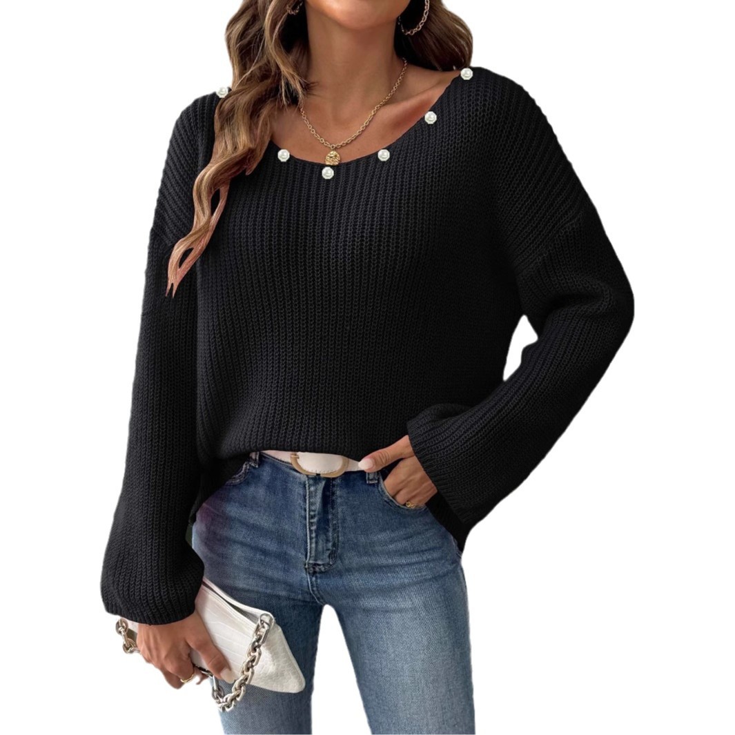 Ladies' Knit Sweater with Beaded Embellishment, Simple Loose Off-Shoulder Wide Sleeve Top